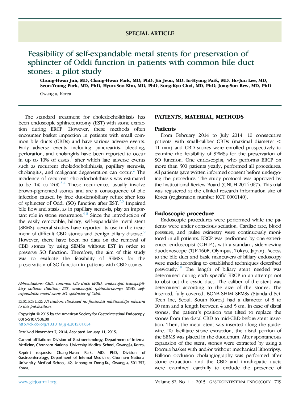 Feasibility of self-expandable metal stents for preservation of sphincter of Oddi function in patients with common bile duct stones: a pilot study