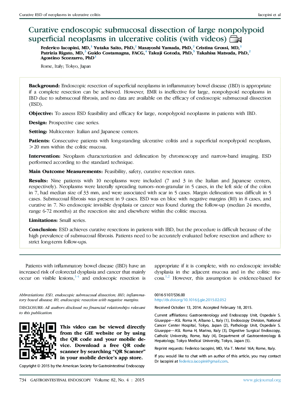 Curative endoscopic submucosal dissection of large nonpolypoid superficial neoplasms in ulcerative colitis (with videos) 