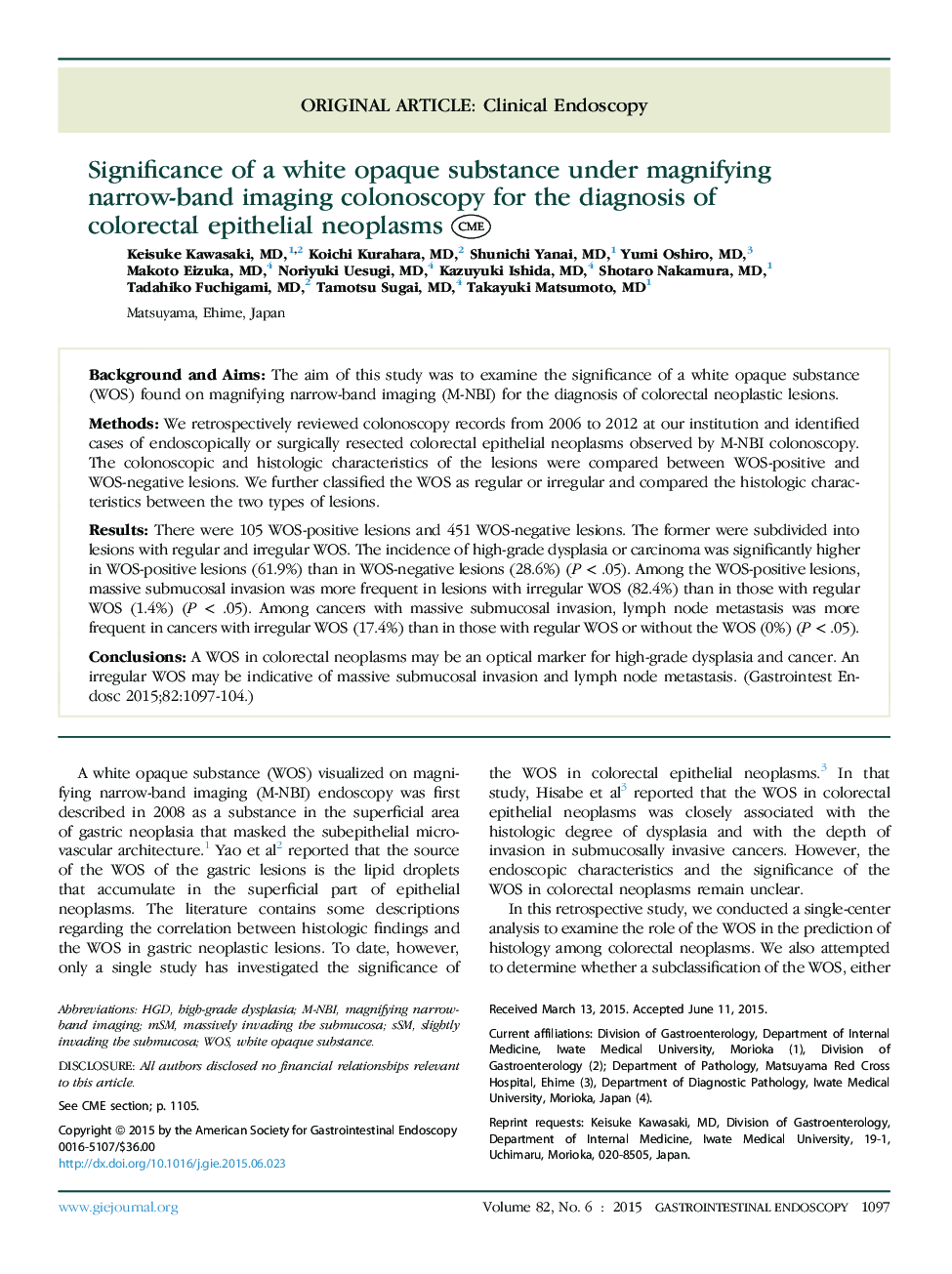 Significance of a white opaque substance under magnifying narrow-band imaging colonoscopy for the diagnosis of colorectal epithelial neoplasms 