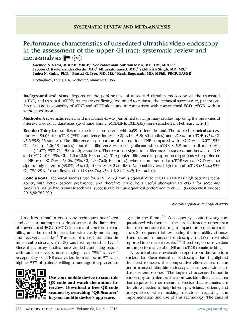 Performance characteristics of unsedated ultrathin video endoscopy in the assessment of the upper GI tract: systematic review and meta-analysis 