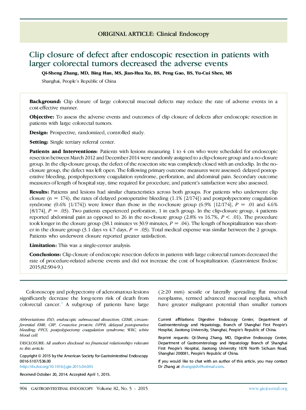 Clip closure of defect after endoscopic resection in patients with larger colorectal tumors decreased the adverse events 