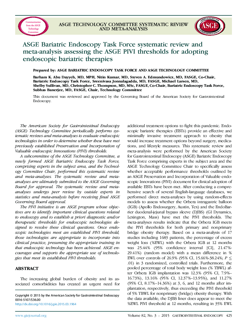 ASGE Bariatric Endoscopy Task Force systematic review and meta-analysis assessing the ASGE PIVI thresholds for adopting endoscopic bariatric therapies