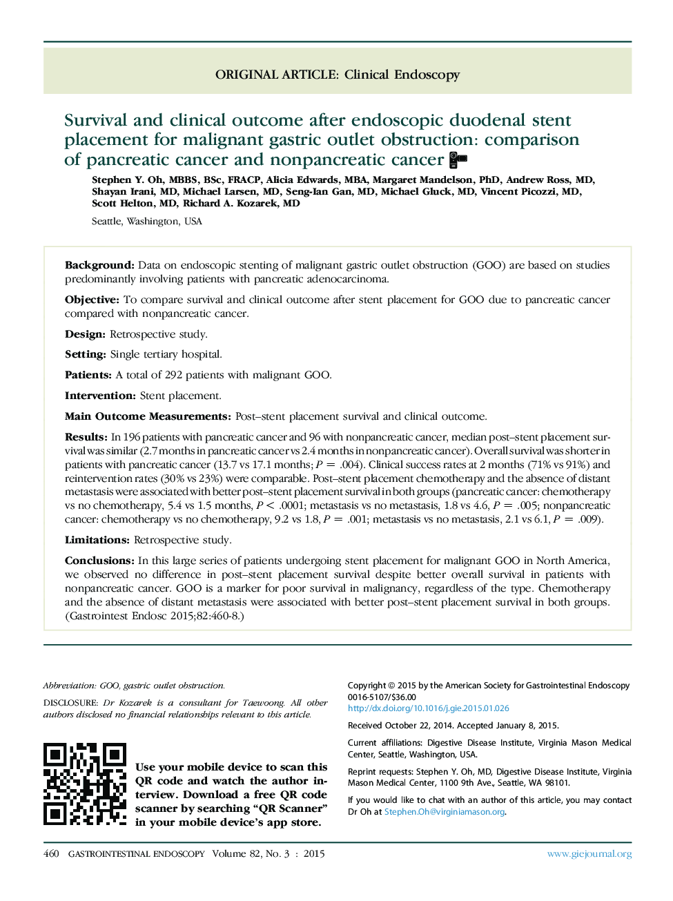 Survival and clinical outcome after endoscopic duodenal stent placement for malignant gastric outlet obstruction: comparison of pancreatic cancer and nonpancreatic cancer