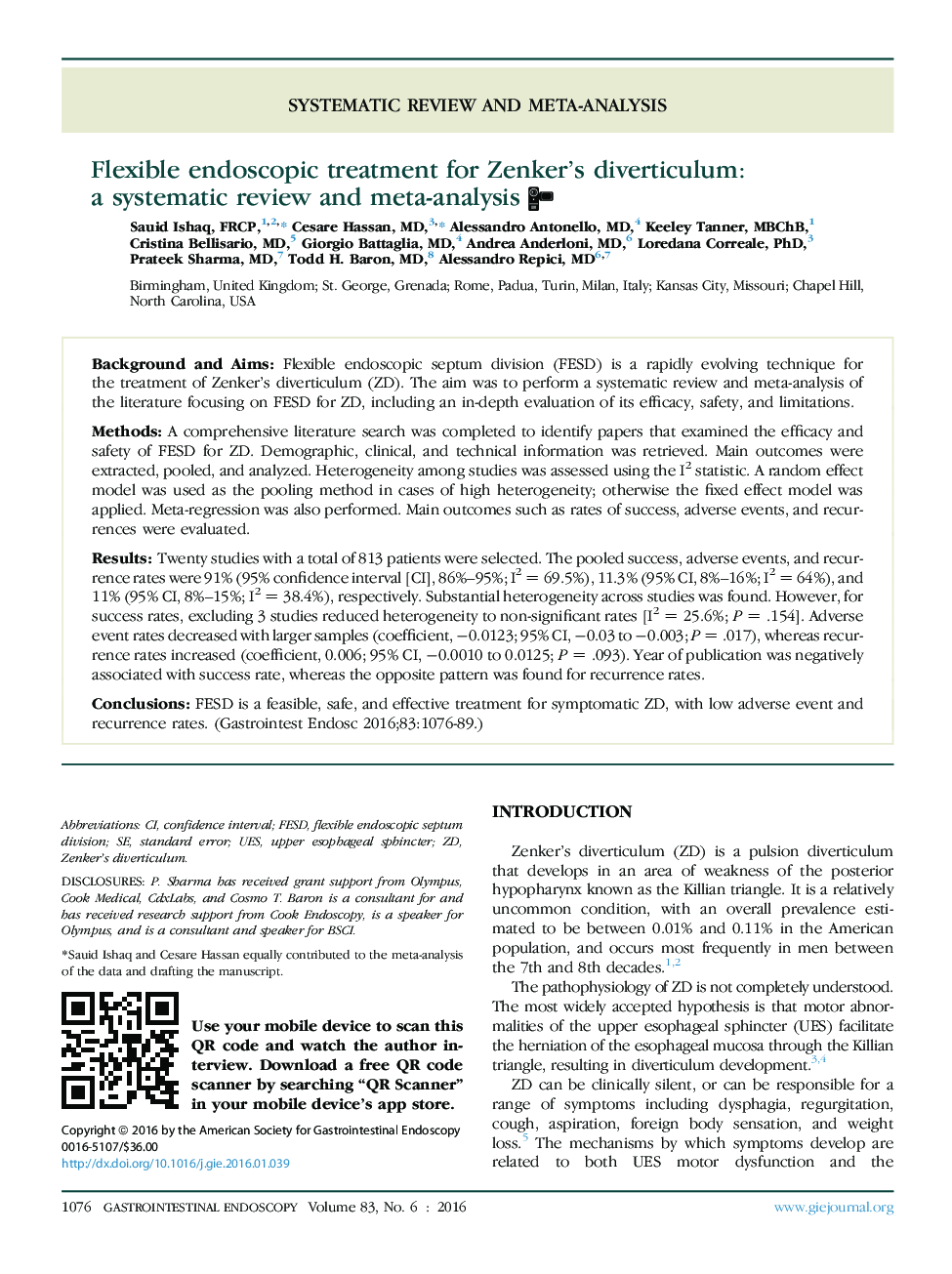 Flexible endoscopic treatment for Zenker's diverticulum: aÂ systematic review and meta-analysis