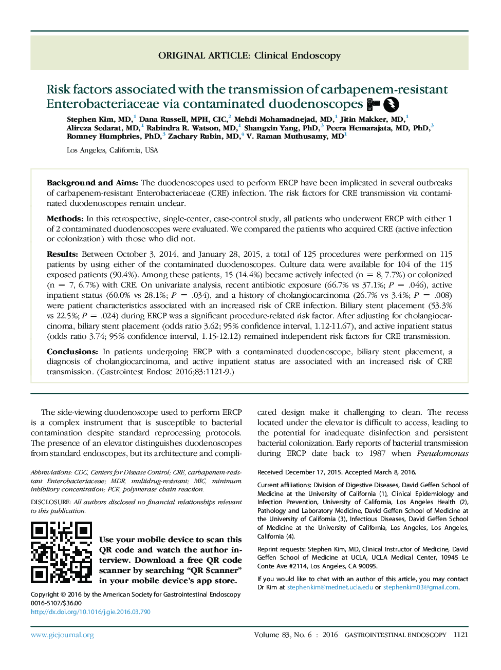 Risk factors associated with the transmission of carbapenem-resistant Enterobacteriaceae via contaminated duodenoscopes 