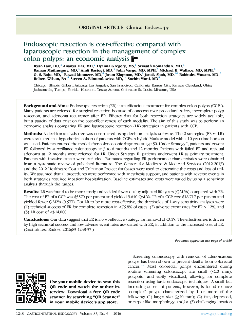 Endoscopic resection is cost-effective compared with laparoscopic resection in the management of complex colon polyps: an economic analysis 