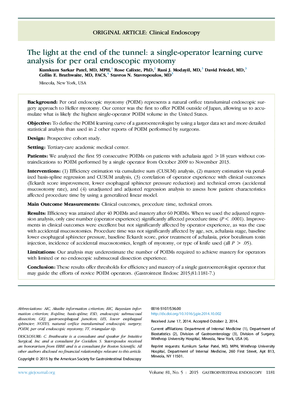 The light at the end of the tunnel: a single-operator learning curve analysis for per oral endoscopic myotomy 