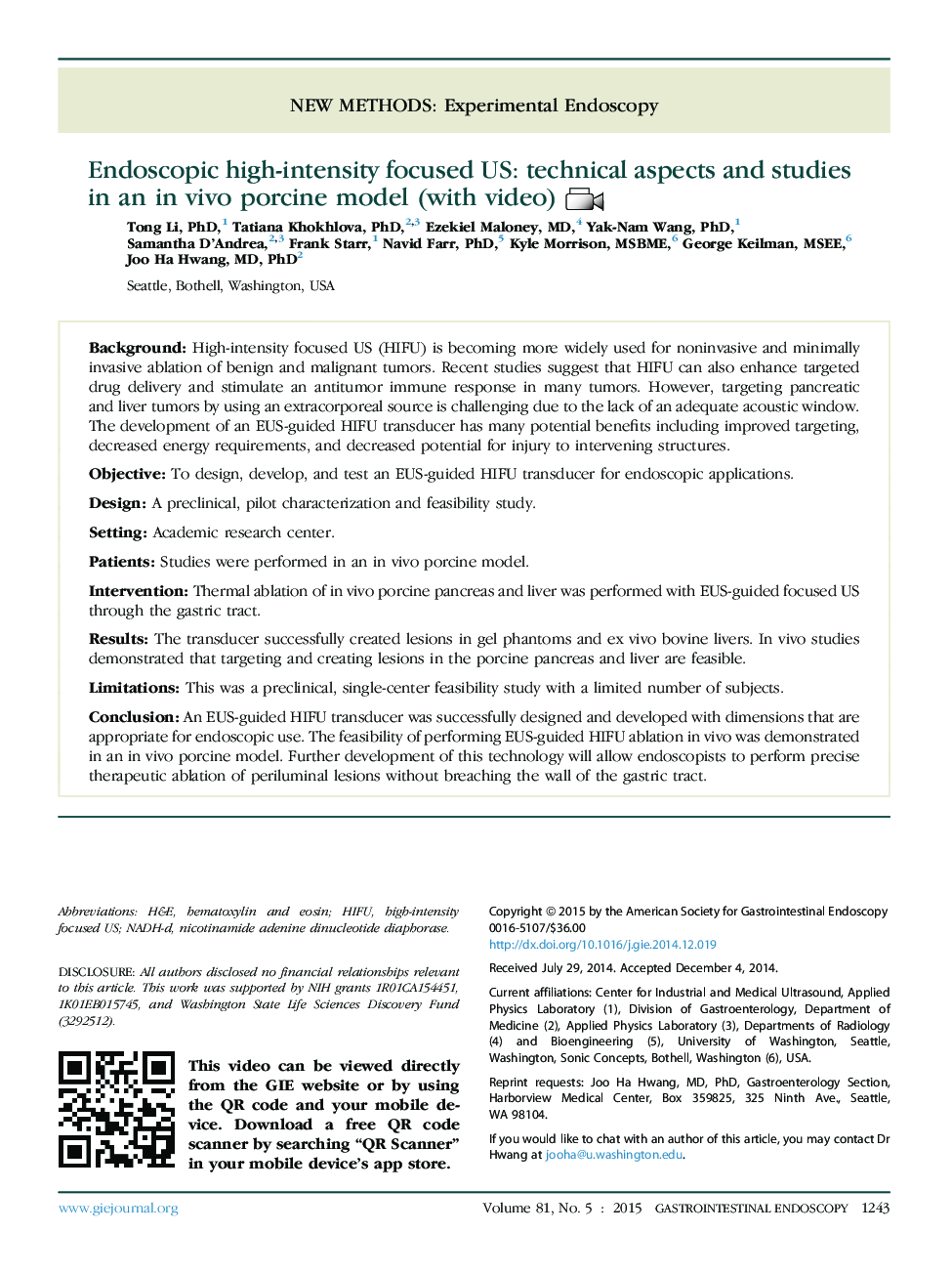 Endoscopic high-intensity focused US: technical aspects and studies in an in vivo porcine model (with video) 