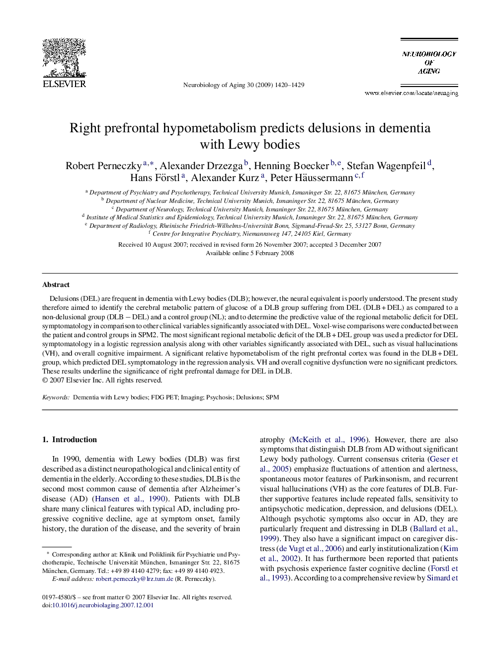 Right prefrontal hypometabolism predicts delusions in dementia with Lewy bodies