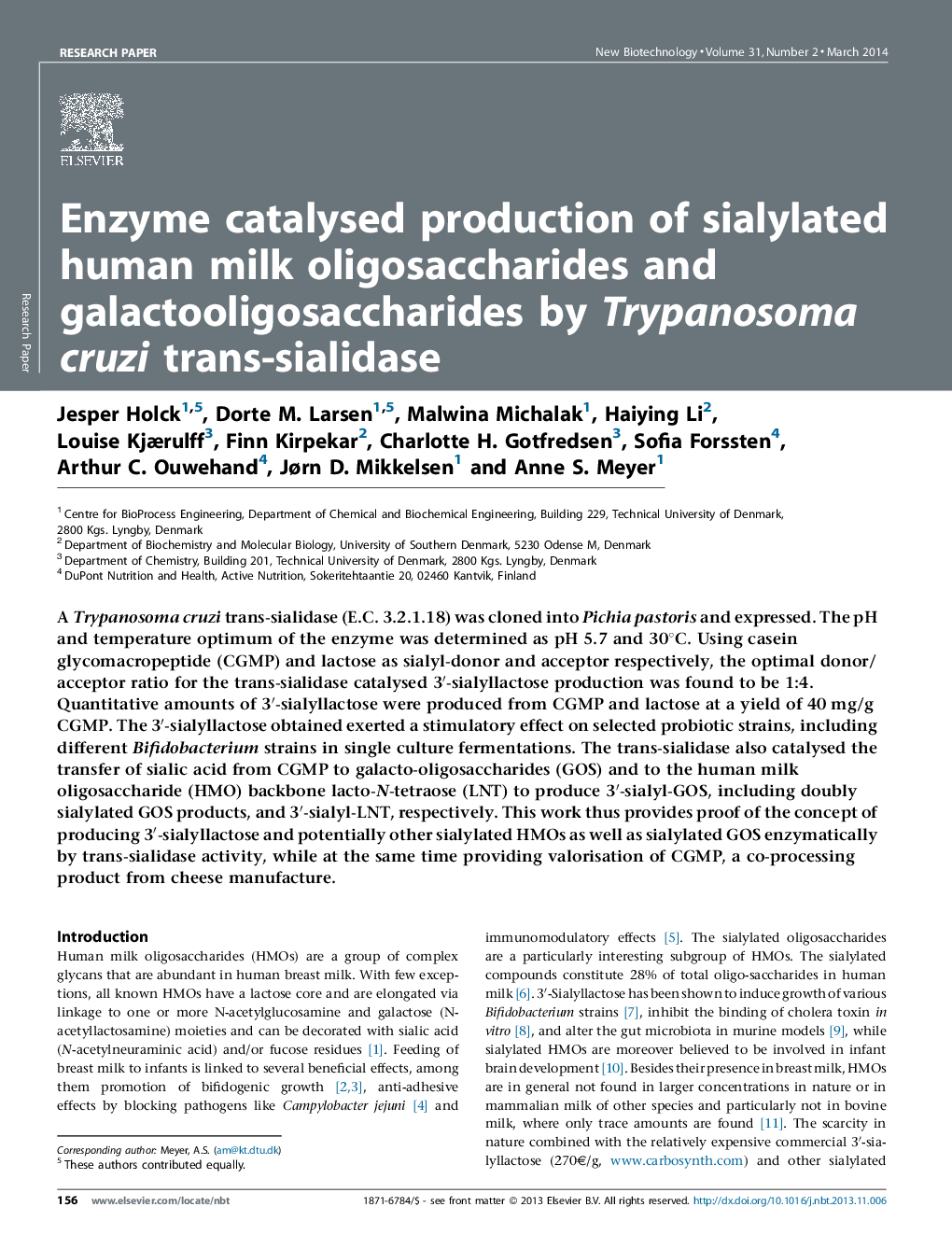 Enzyme catalysed production of sialylated human milk oligosaccharides and galactooligosaccharides by Trypanosoma cruzi trans-sialidase