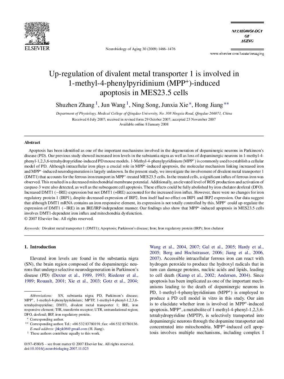 Up-regulation of divalent metal transporter 1 is involved in 1-methyl-4-phenylpyridinium (MPP+)-induced apoptosis in MES23.5 cells