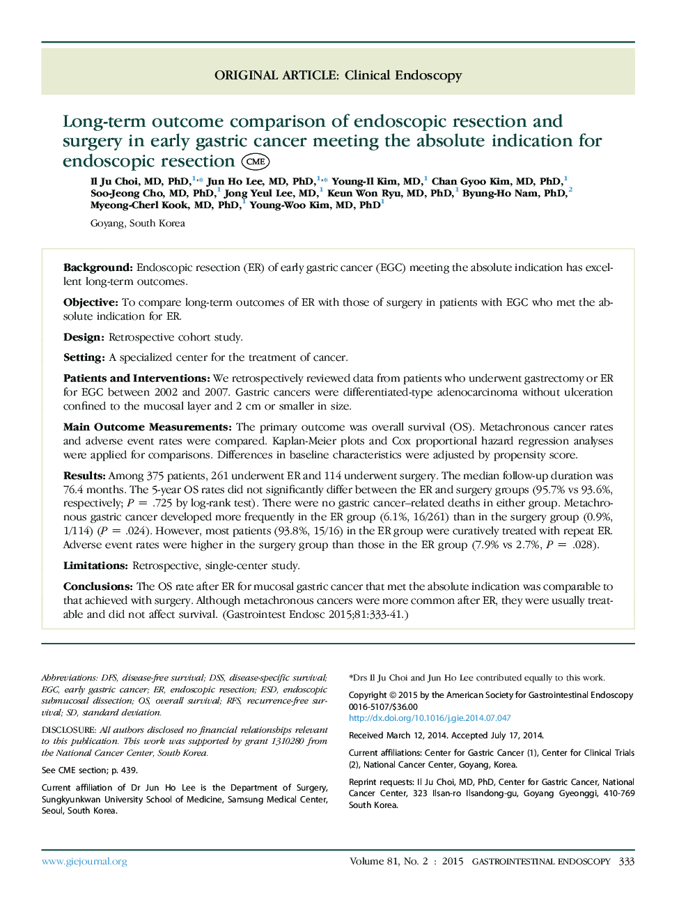 Long-term outcome comparison of endoscopic resection and surgery in early gastric cancer meeting the absolute indication for endoscopic resection