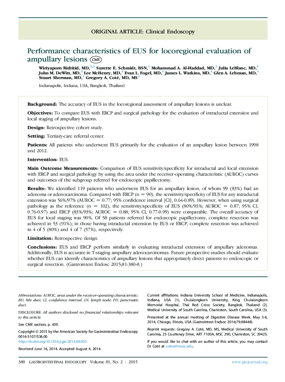 Performance characteristics of EUS for locoregional evaluation of ampullary lesions 