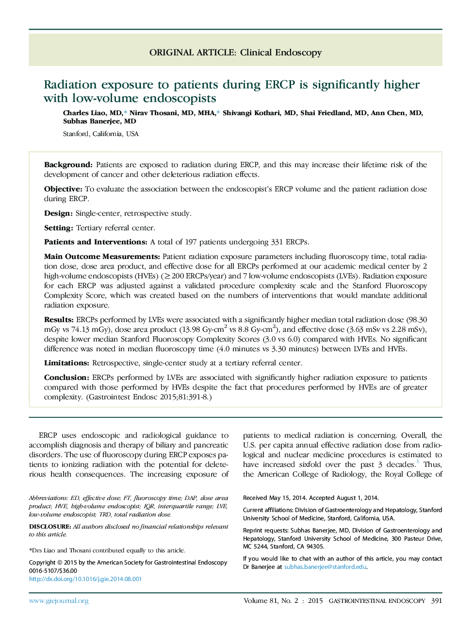 Radiation exposure to patients during ERCP is significantly higher with low-volume endoscopists