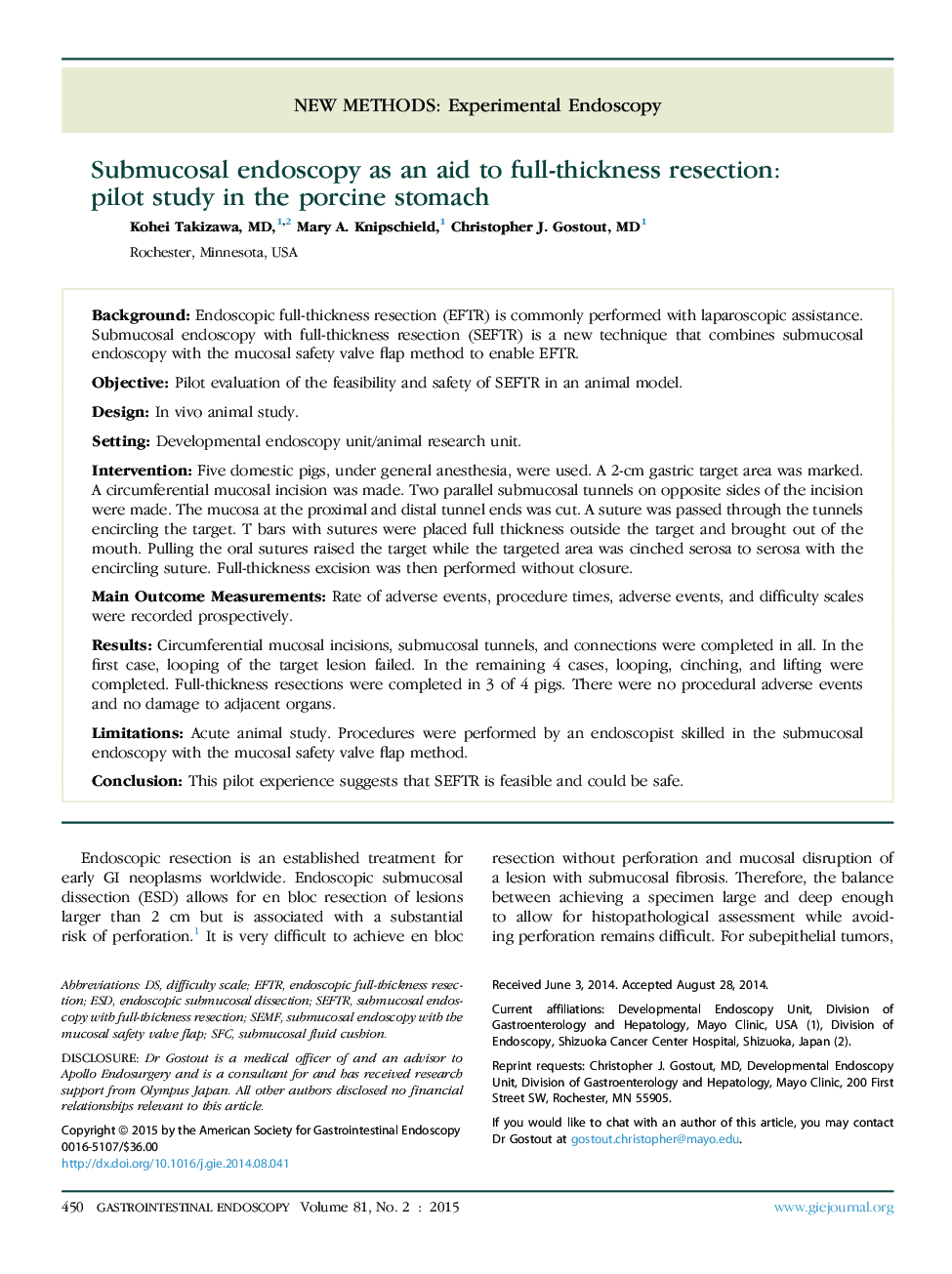Submucosal endoscopy as an aid to full-thickness resection: pilot study in the porcine stomach 
