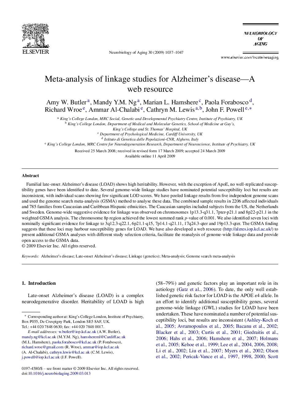 Meta-analysis of linkage studies for Alzheimer's disease—A web resource