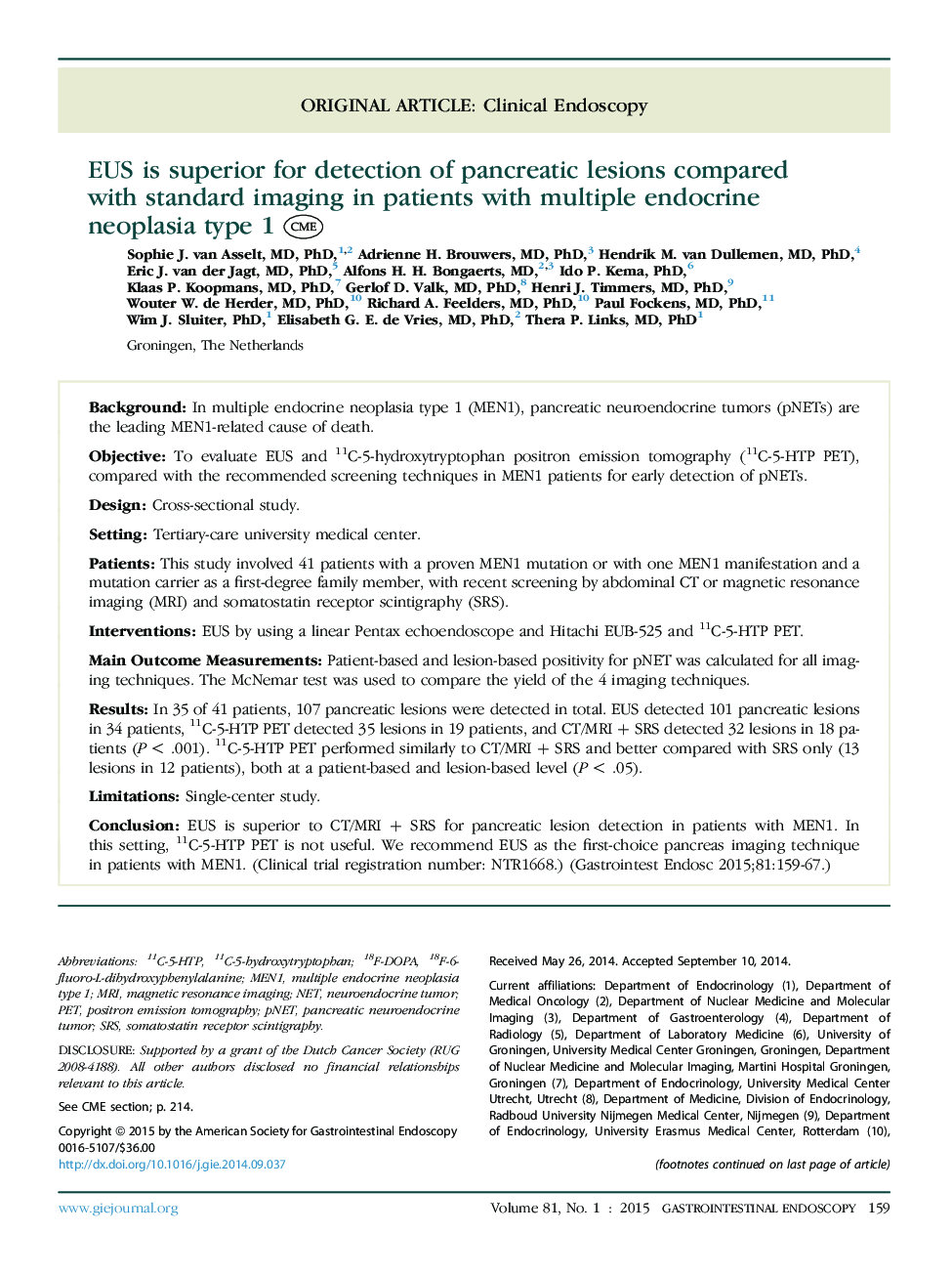 EUS is superior for detection of pancreatic lesions compared with standard imaging in patients with multiple endocrine neoplasia type 1