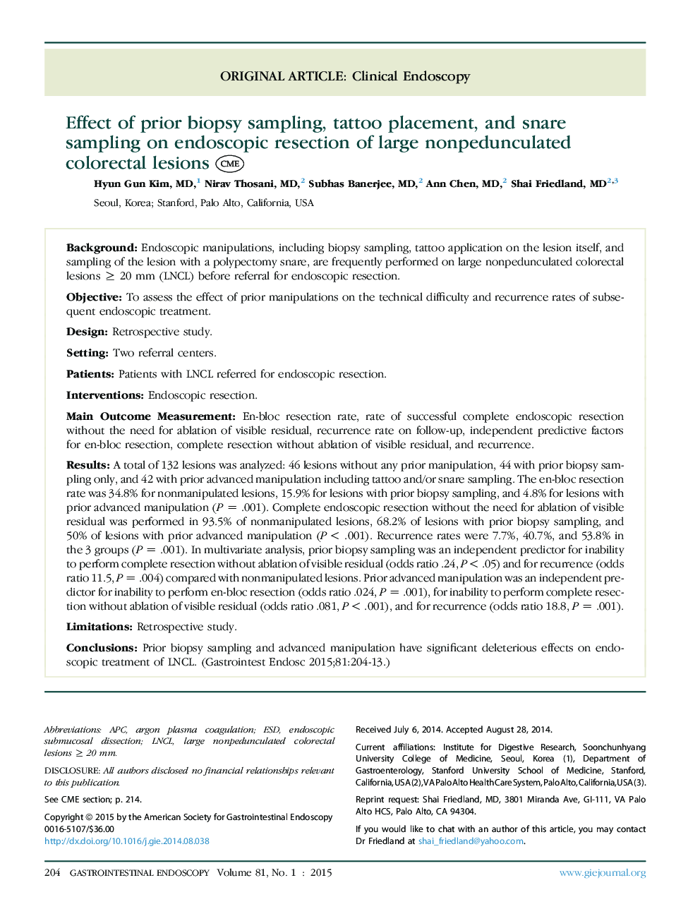 Effect of prior biopsy sampling, tattoo placement, and snare sampling on endoscopic resection of large nonpedunculated colorectal lesions 