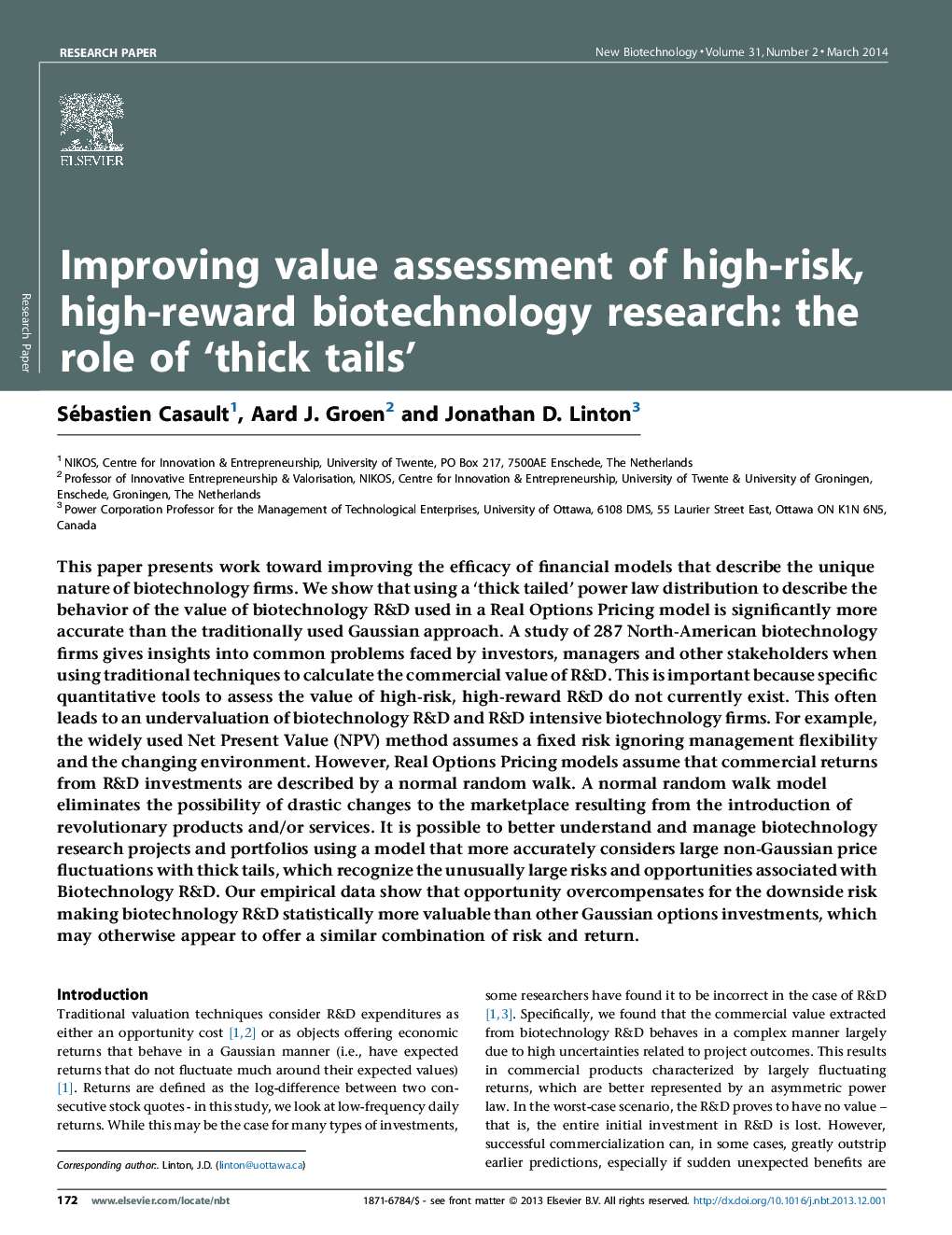 Improving value assessment of high-risk, high-reward biotechnology research: the role of ‘thick tails’