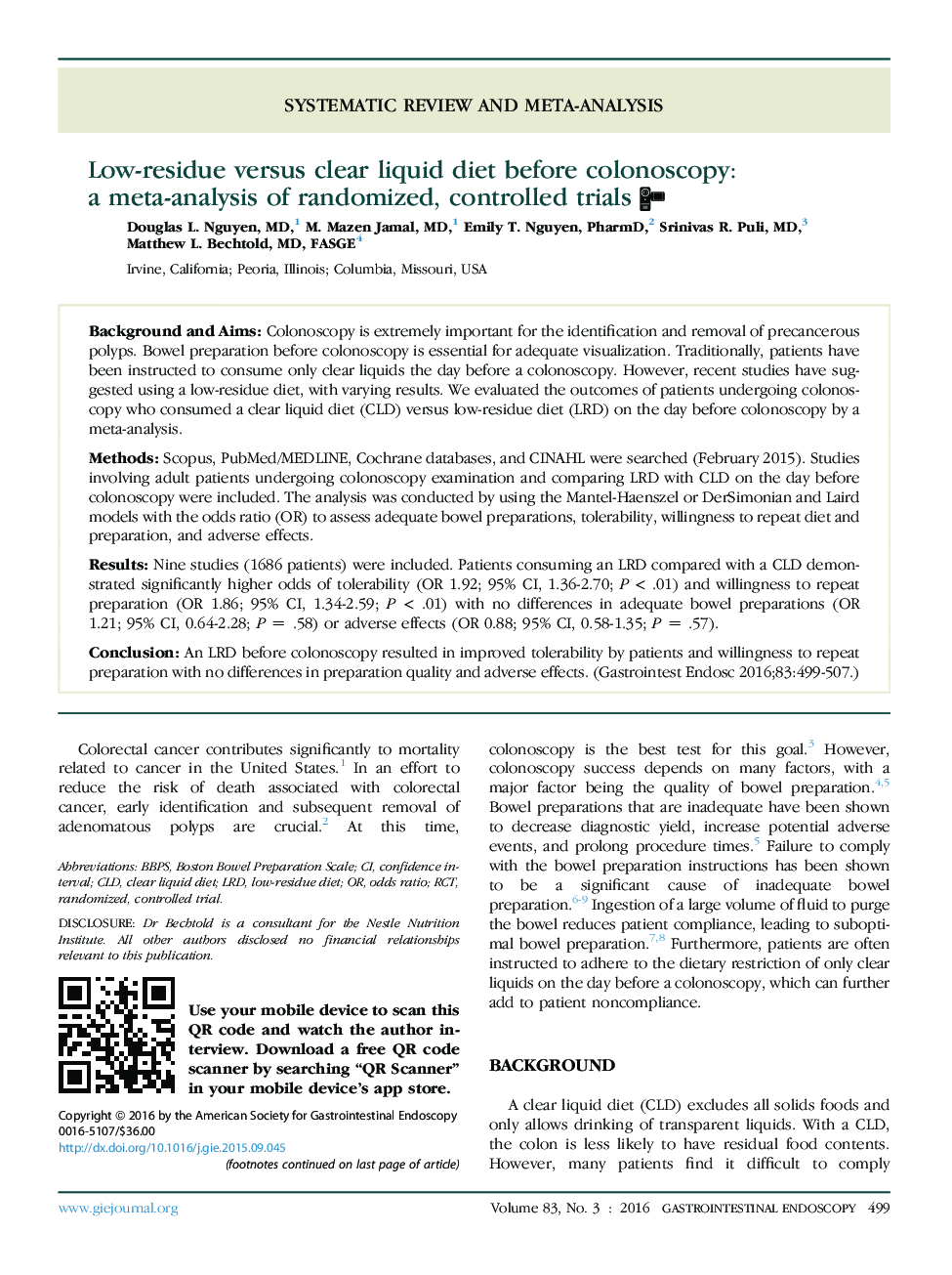 Low-residue versus clear liquid diet before colonoscopy: a meta-analysis of randomized, controlled trials