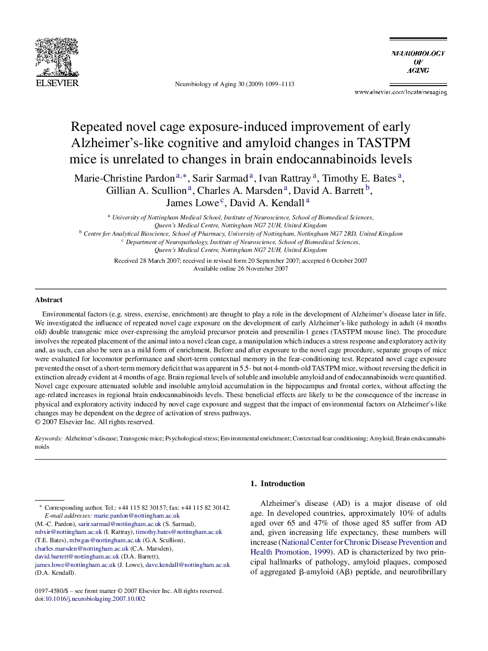 Repeated novel cage exposure-induced improvement of early Alzheimer's-like cognitive and amyloid changes in TASTPM mice is unrelated to changes in brain endocannabinoids levels