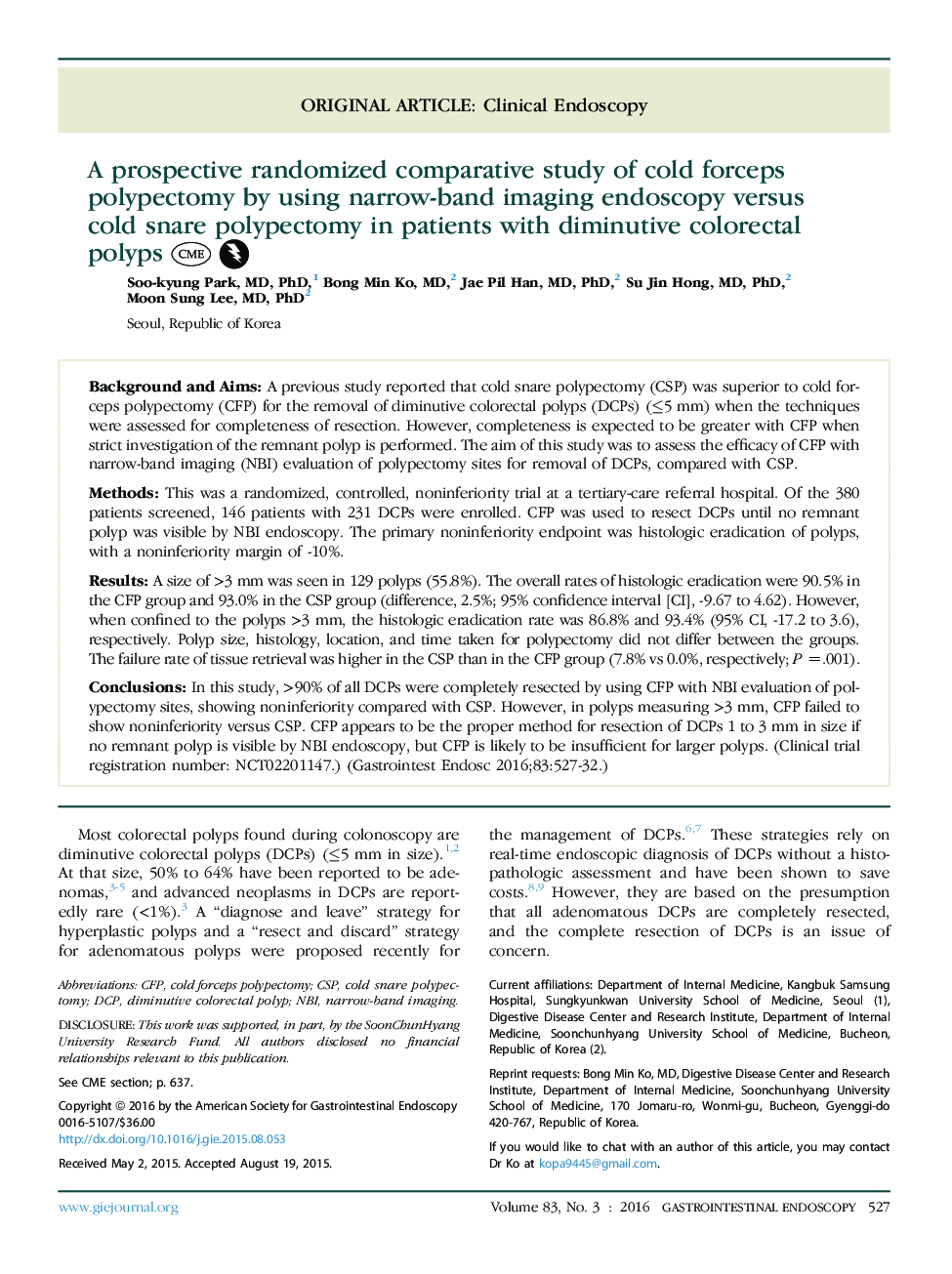 A prospective randomized comparative study of cold forceps polypectomy by using narrow-band imaging endoscopy versus coldÂ snare polypectomy in patients with diminutive colorectal polyps