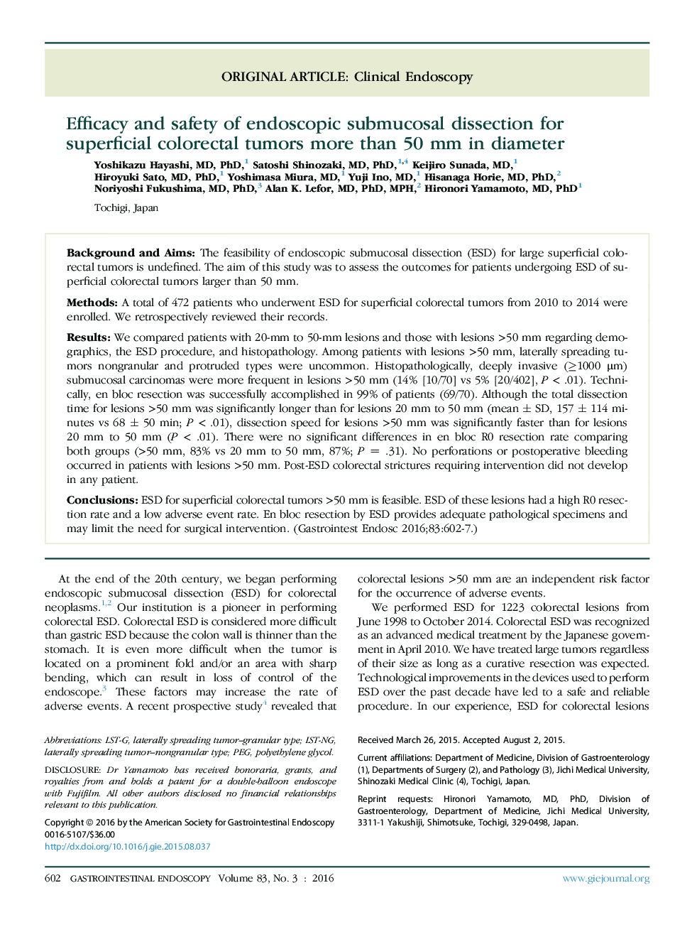 Efficacy and safety of endoscopic submucosal dissection for superficial colorectal tumors more than 50 mm in diameter 