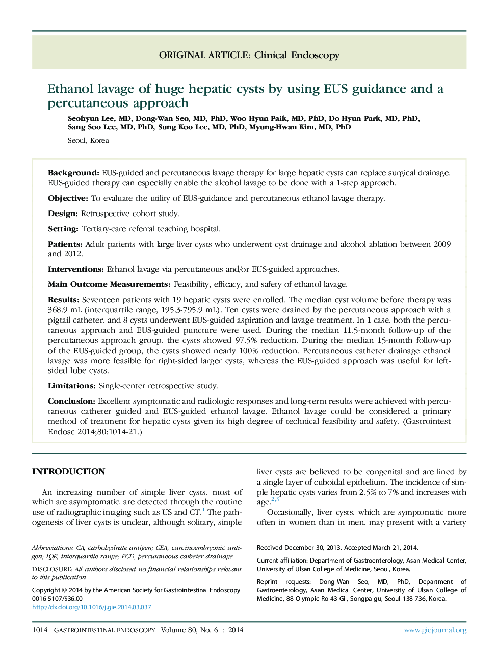 Ethanol lavage of huge hepatic cysts by using EUS guidance and a percutaneous approach 