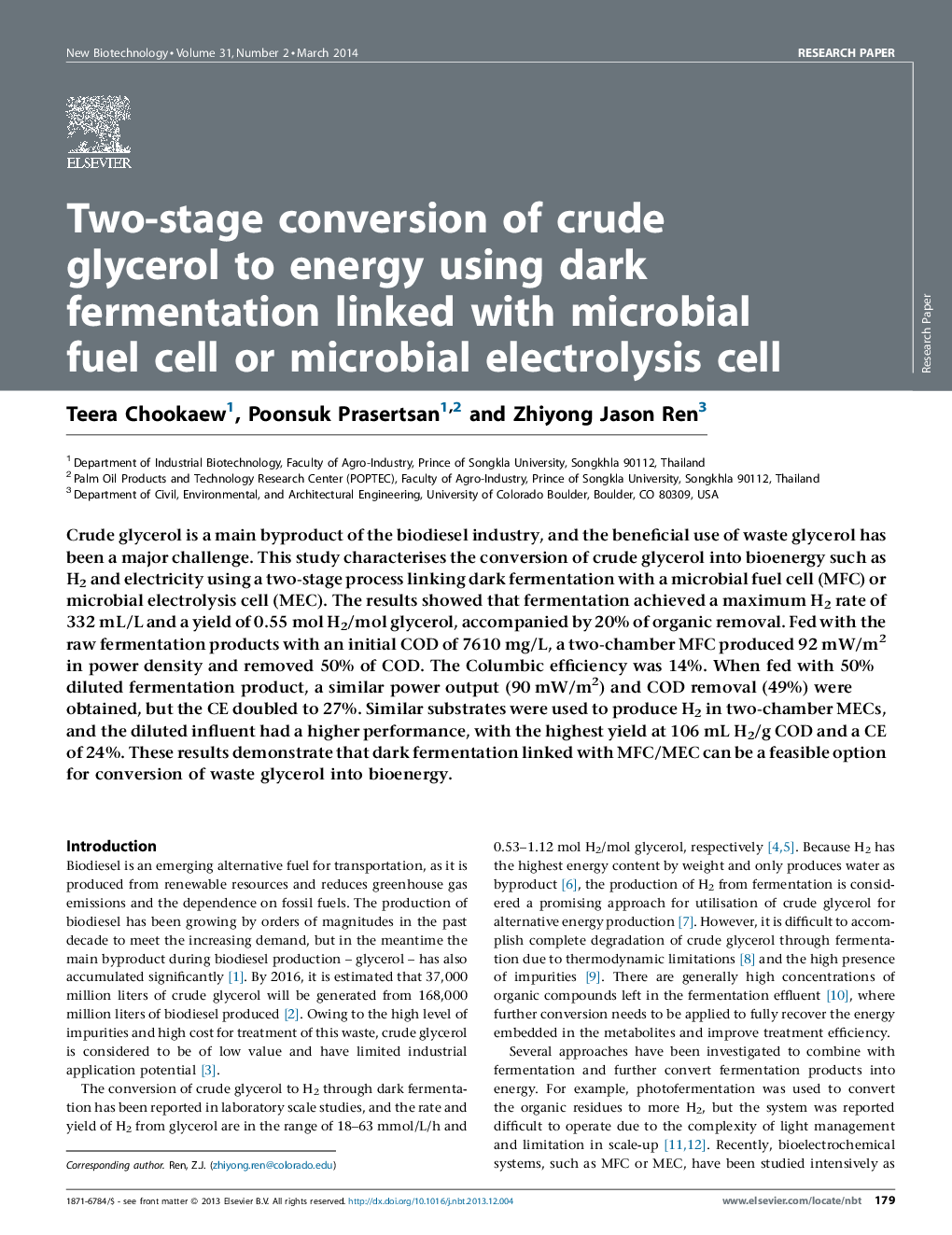 Two-stage conversion of crude glycerol to energy using dark fermentation linked with microbial fuel cell or microbial electrolysis cell