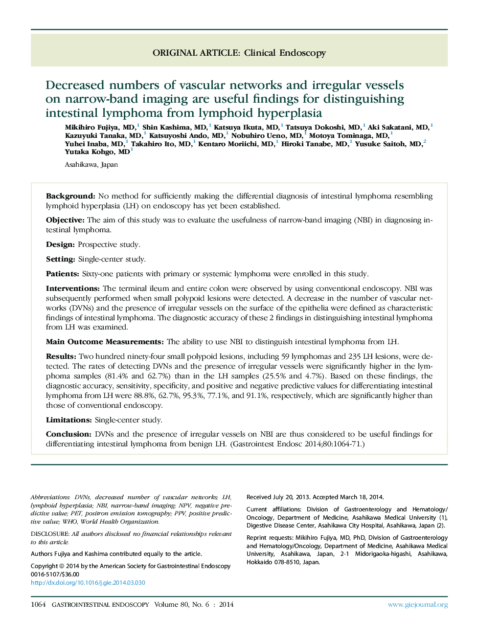 Decreased numbers of vascular networks and irregular vessels on narrow-band imaging are useful findings for distinguishing intestinal lymphoma from lymphoid hyperplasia 