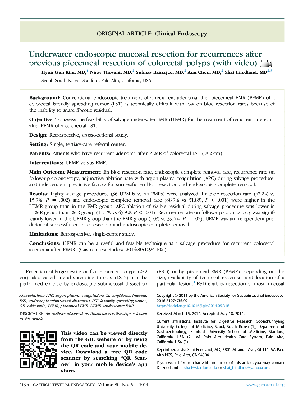 Underwater endoscopic mucosal resection for recurrences after previous piecemeal resection of colorectal polyps (with video) 