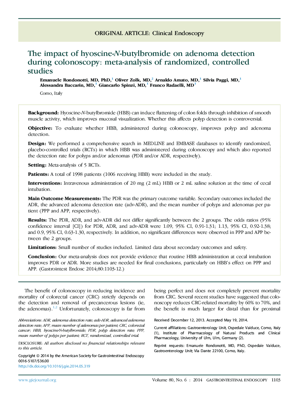 The impact of hyoscine-N-butylbromide on adenoma detection during colonoscopy: meta-analysis of randomized, controlled studies