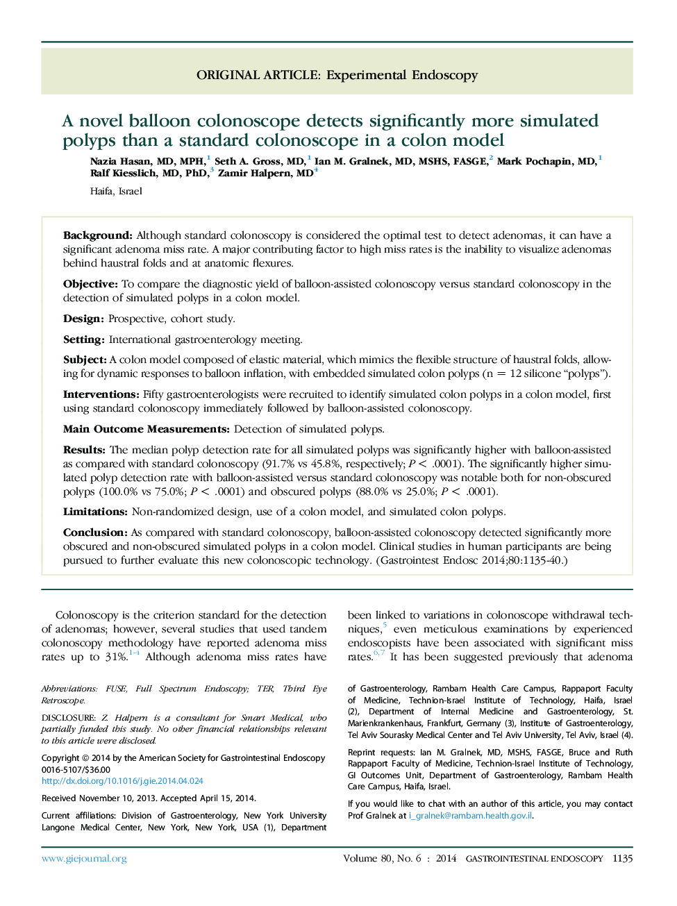 A novel balloon colonoscope detects significantly more simulated polyps than a standard colonoscope in a colon model 