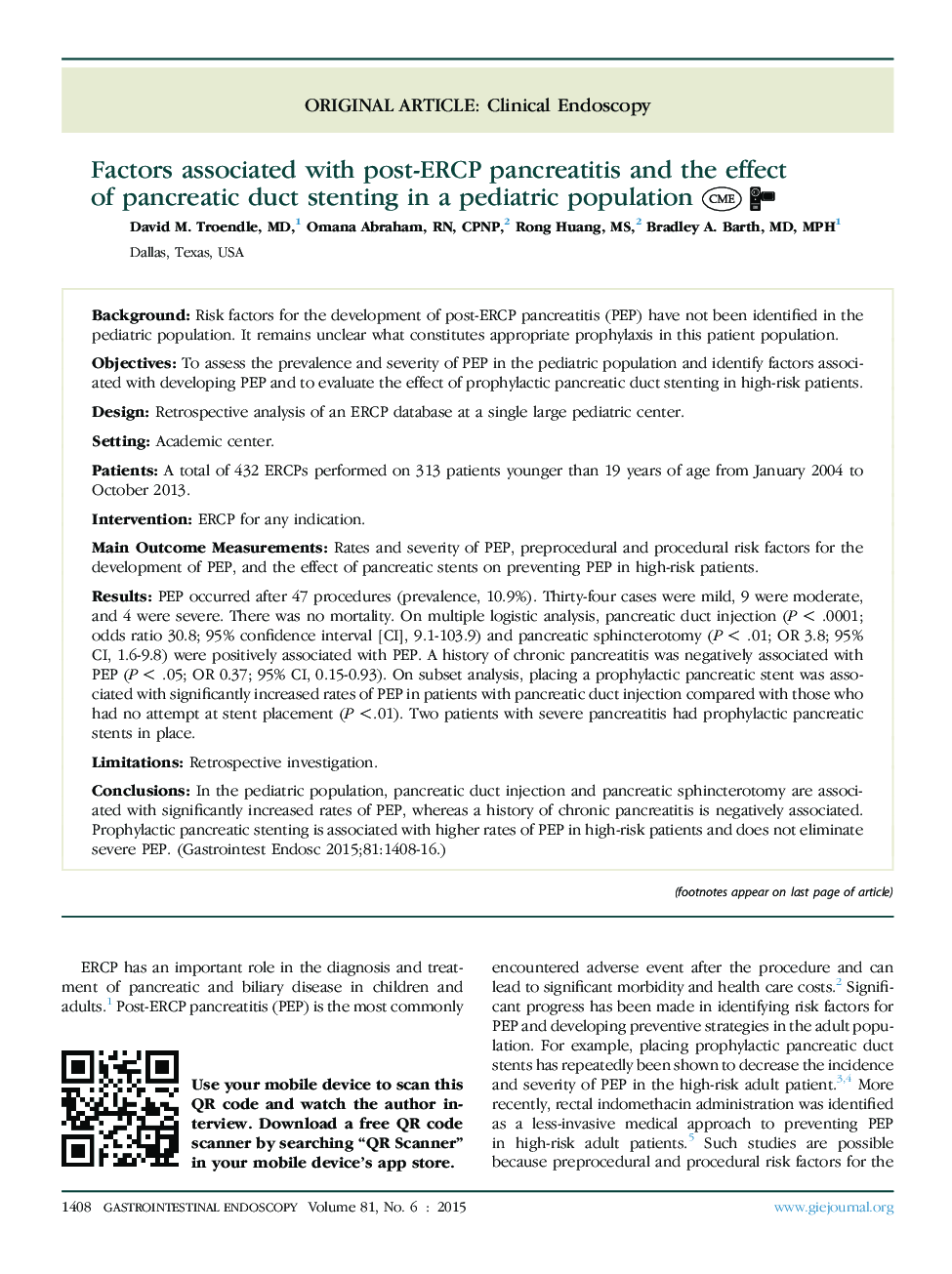 Factors associated with post-ERCP pancreatitis and the effect of pancreatic duct stenting in a pediatric population 