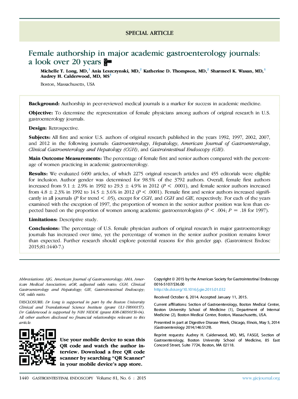 Female authorship in major academic gastroenterology journals: a look over 20 years