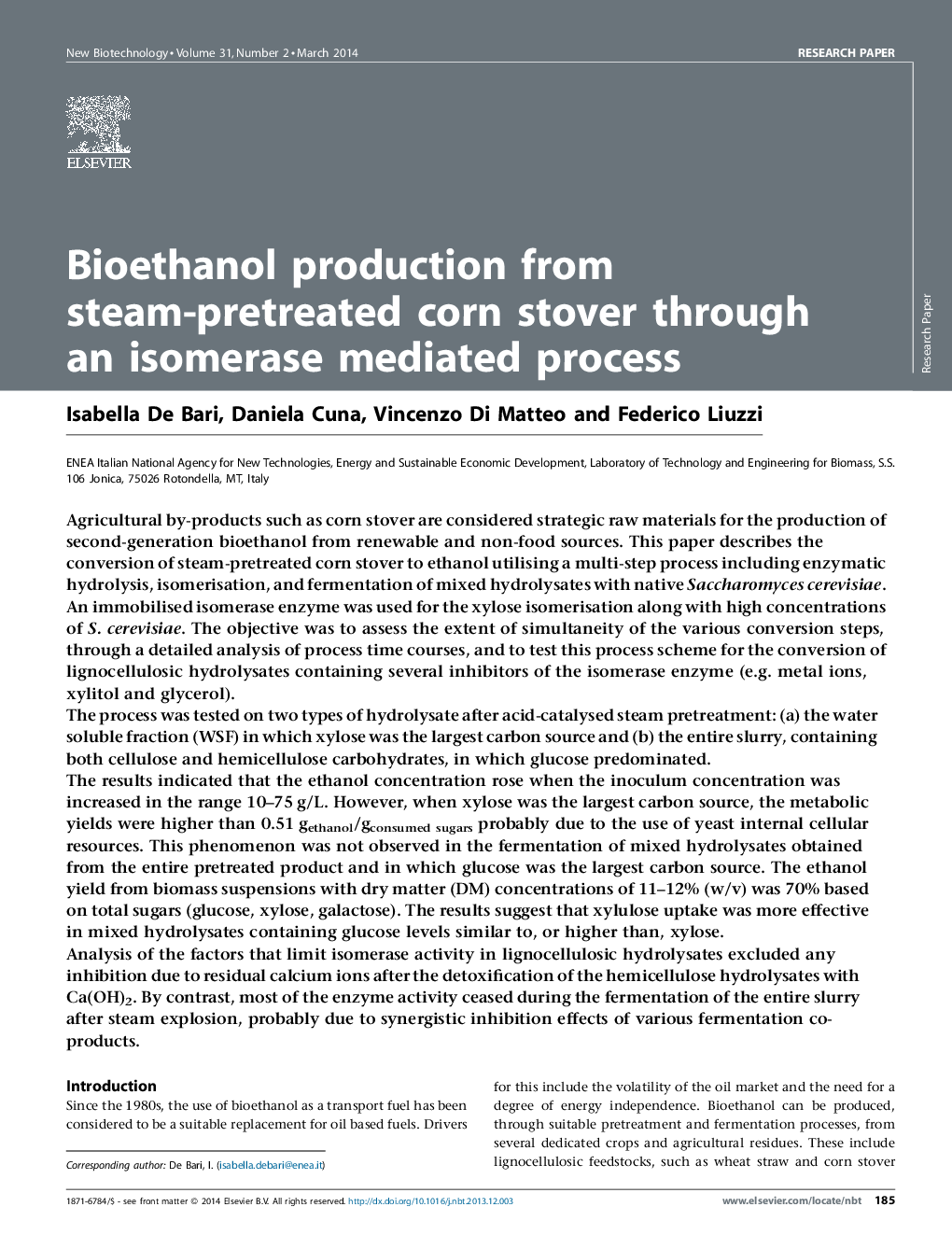 Bioethanol production from steam-pretreated corn stover through an isomerase mediated process