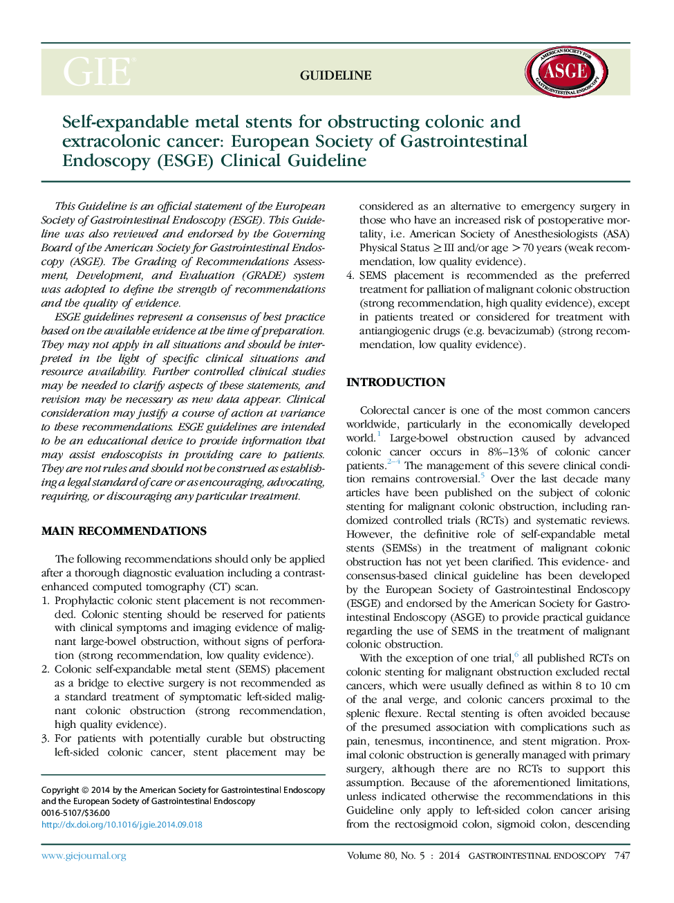 Self-expandable metal stents for obstructing colonic and extracolonic cancer: European Society of Gastrointestinal Endoscopy (ESGE) Clinical Guideline