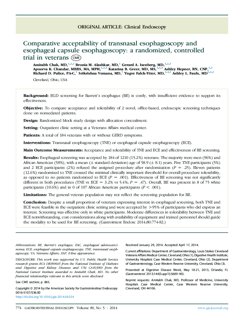 Comparative acceptability of transnasal esophagoscopy and esophageal capsule esophagoscopy: a randomized, controlled trial in veterans 