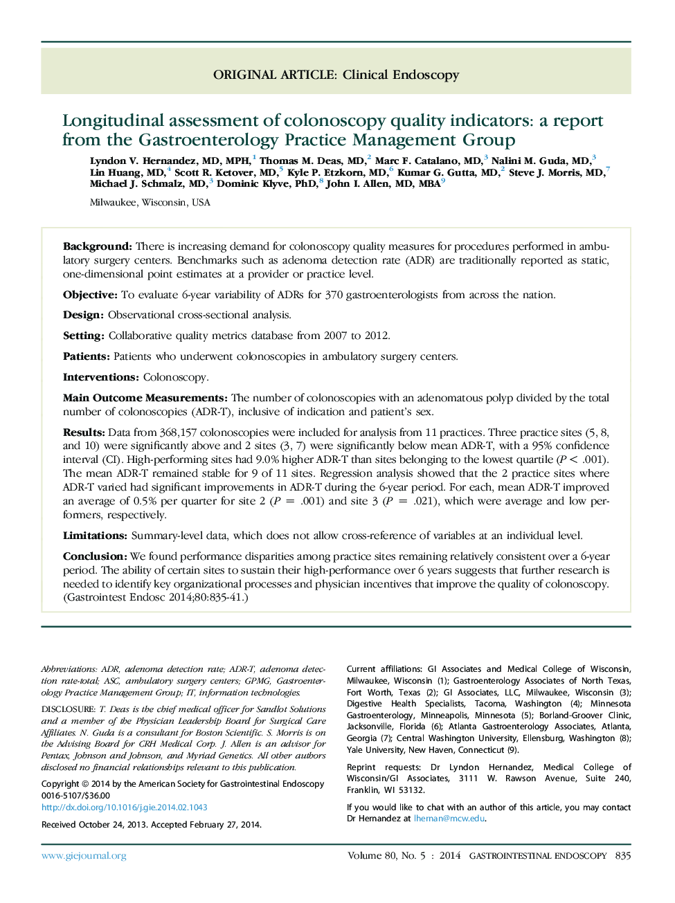 Longitudinal assessment of colonoscopy quality indicators: a report from the Gastroenterology Practice Management Group 