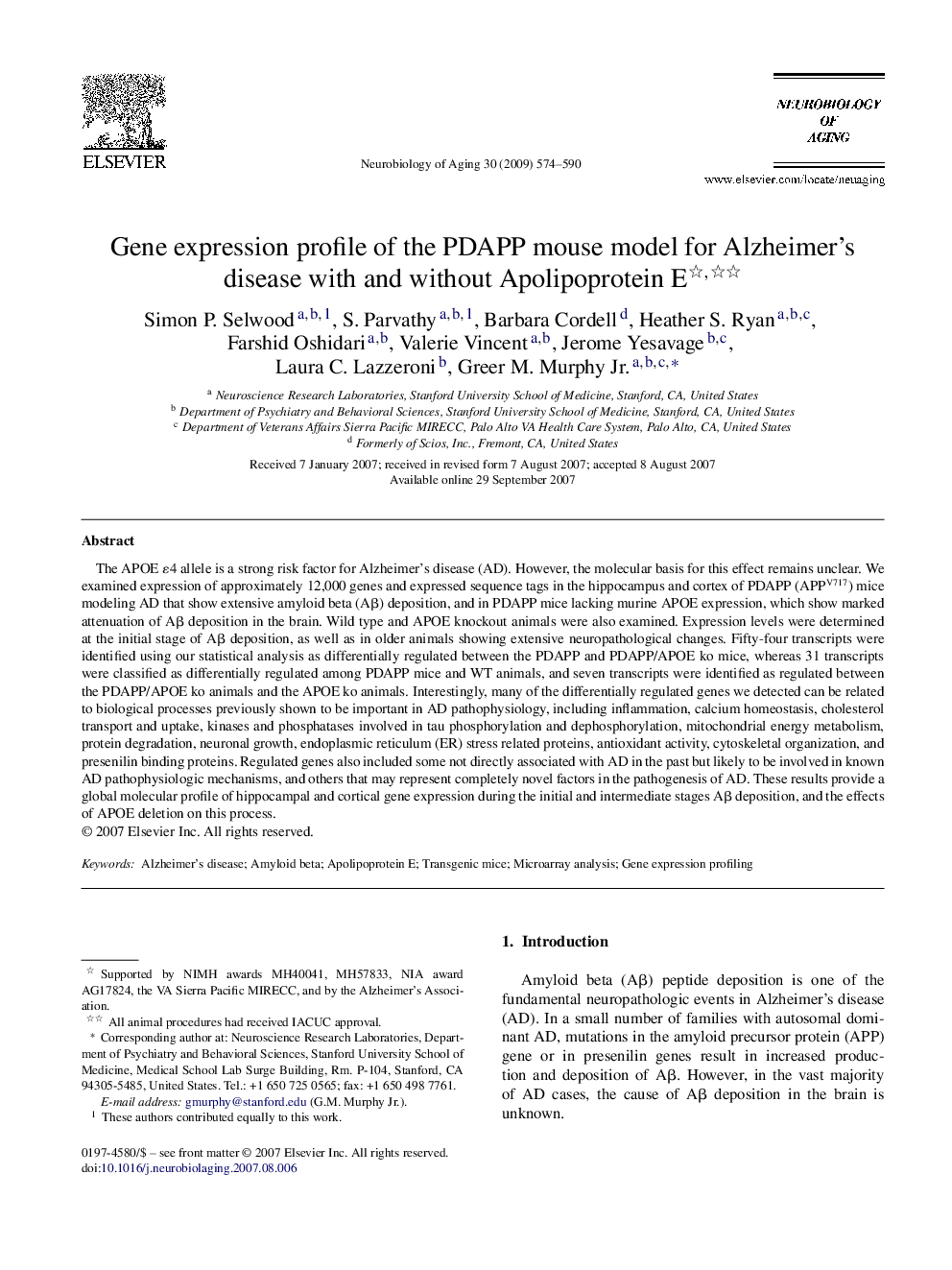 Gene expression profile of the PDAPP mouse model for Alzheimer's disease with and without Apolipoprotein E 