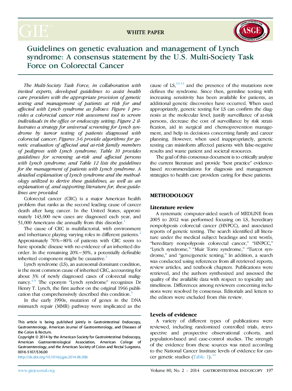 دستور العمل های ارزیابی ژنتیک و مدیریت سندرم لینچ: یک بیانیه مشترک از سوی گروه کاری چندجملهای ایالات متحده در مورد سرطان کولورکتال 