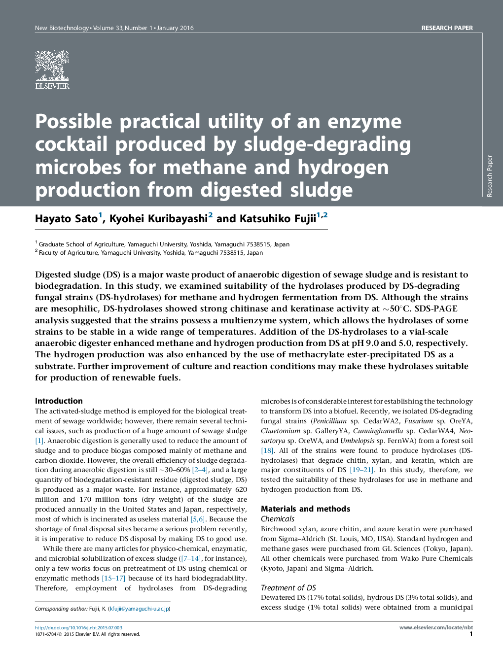 امکان استفاده عملی از کوکتل آنزیمی تولید شده توسط میکروب های تجزیه کننده لجن برای تولید متان و هیدروژن از لجن هضم شده