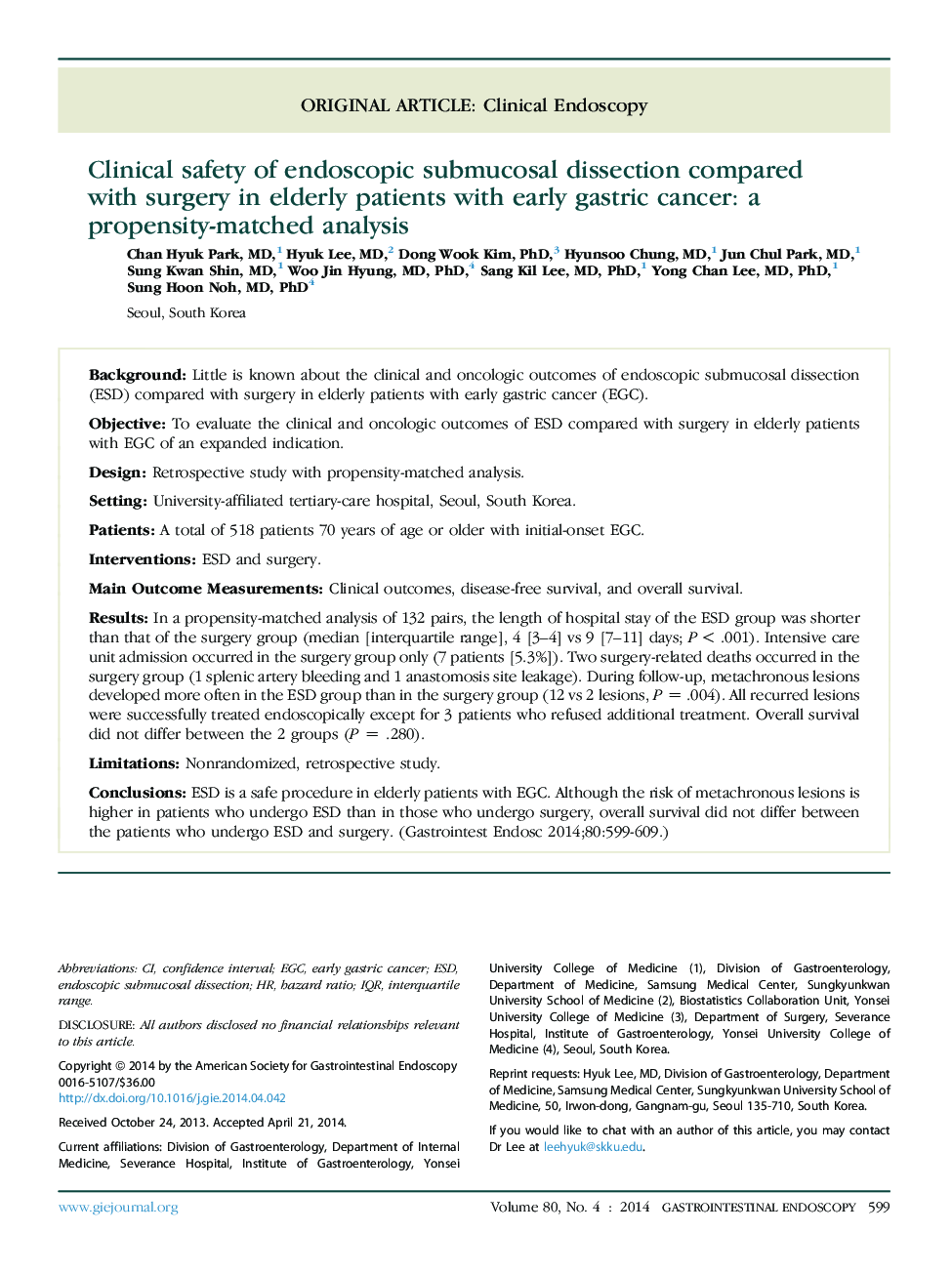 Clinical safety of endoscopic submucosal dissection compared with surgery in elderly patients with early gastric cancer: a propensity-matched analysis 