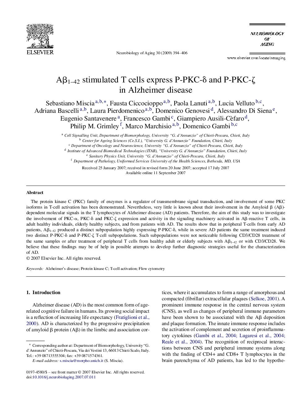 Aβ1–42 stimulated T cells express P-PKC-δ and P-PKC-ζ in Alzheimer disease