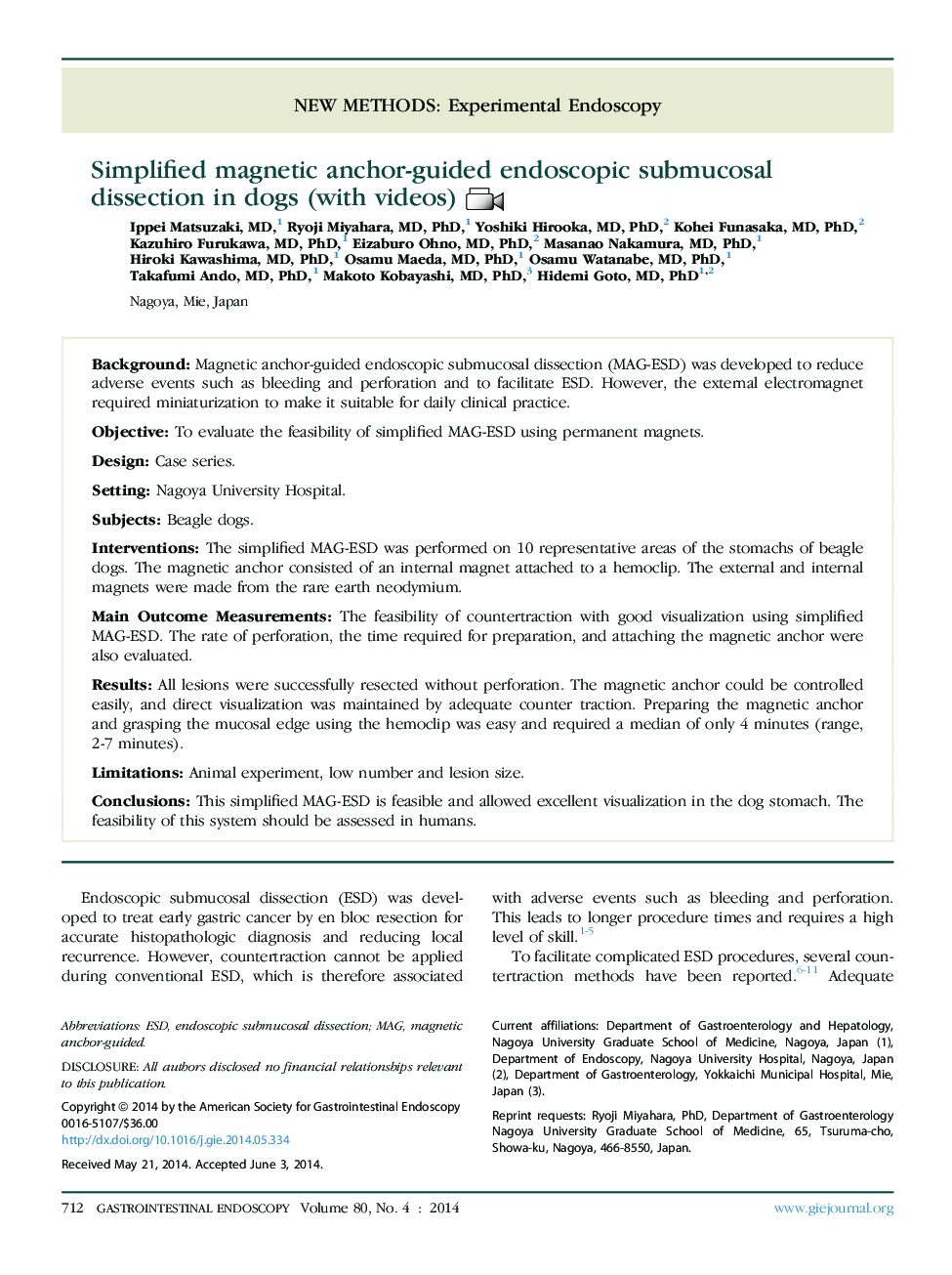 Simplified magnetic anchor-guided endoscopic submucosal dissection in dogs (with videos) 