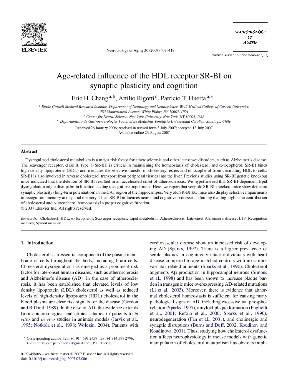 Age-related influence of the HDL receptor SR-BI on synaptic plasticity and cognition