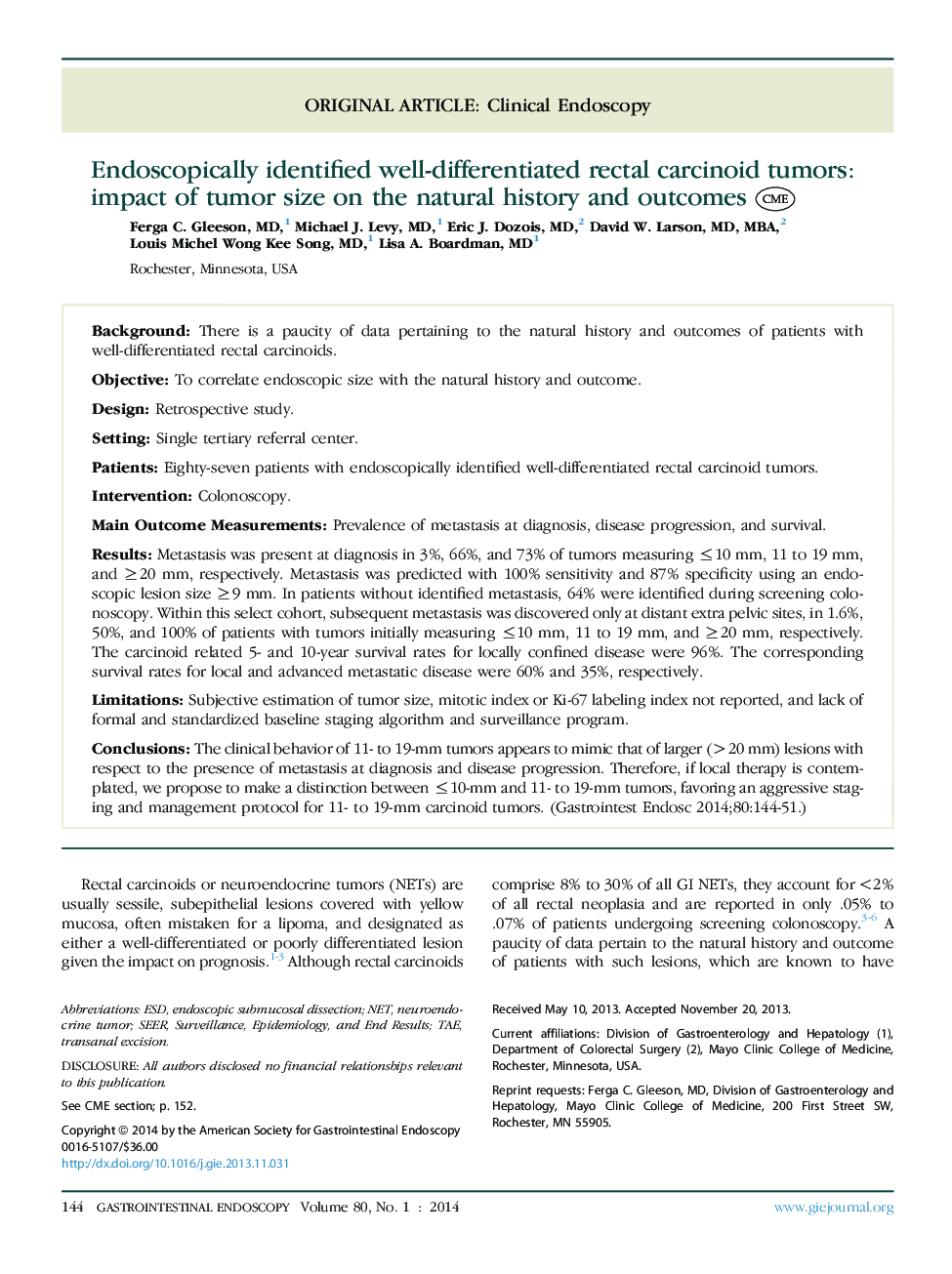 Endoscopically identified well-differentiated rectal carcinoid tumors: impact of tumor size on the natural history and outcomes 