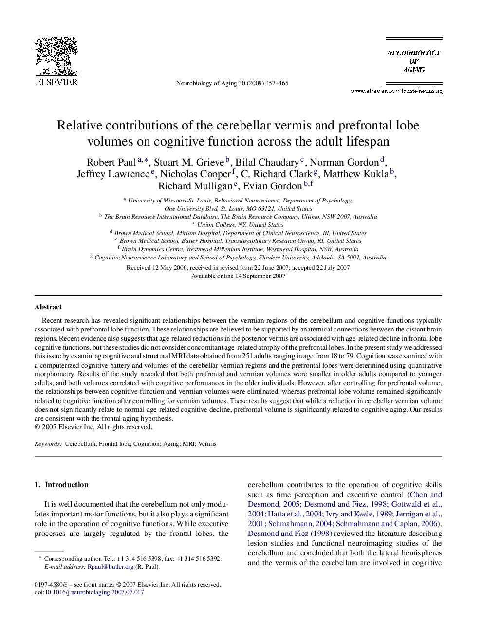 Relative contributions of the cerebellar vermis and prefrontal lobe volumes on cognitive function across the adult lifespan