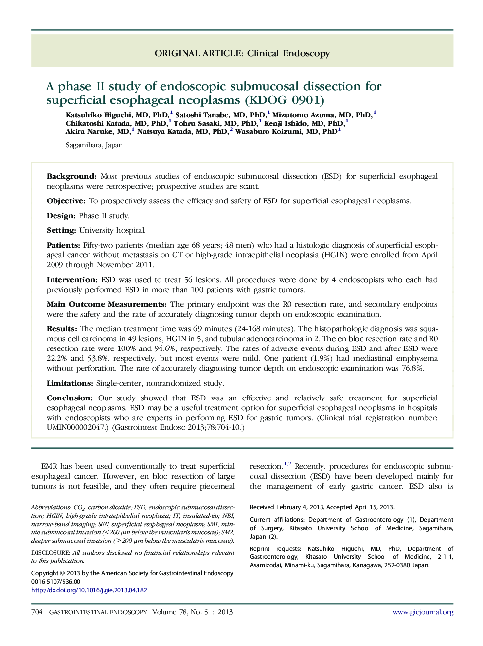 A phase II study of endoscopic submucosal dissection for superficial esophageal neoplasms (KDOG 0901) 