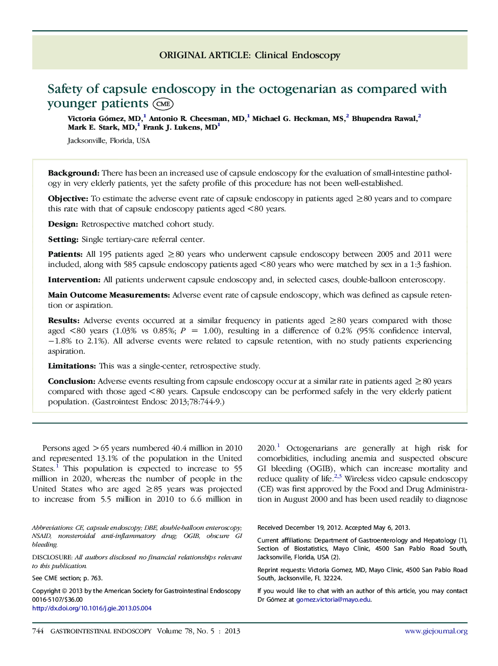 Safety of capsule endoscopy in the octogenarian as compared with younger patients